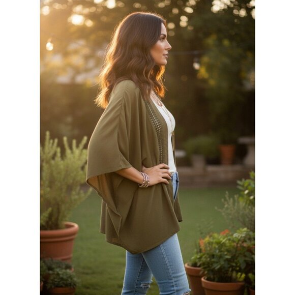 Free People Boho Kimono Jacket | Olive Green Flowy Duster Open Front Cottagecore - Picture 6 of 15